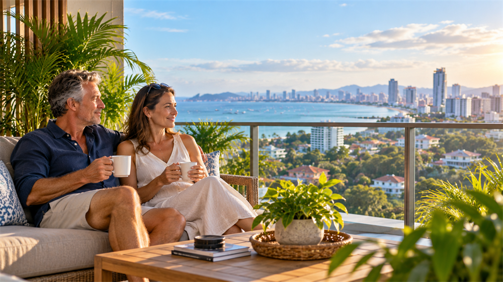 Mature international residents enjoying everyday long-term life at their home in Pattaya, Thailand.